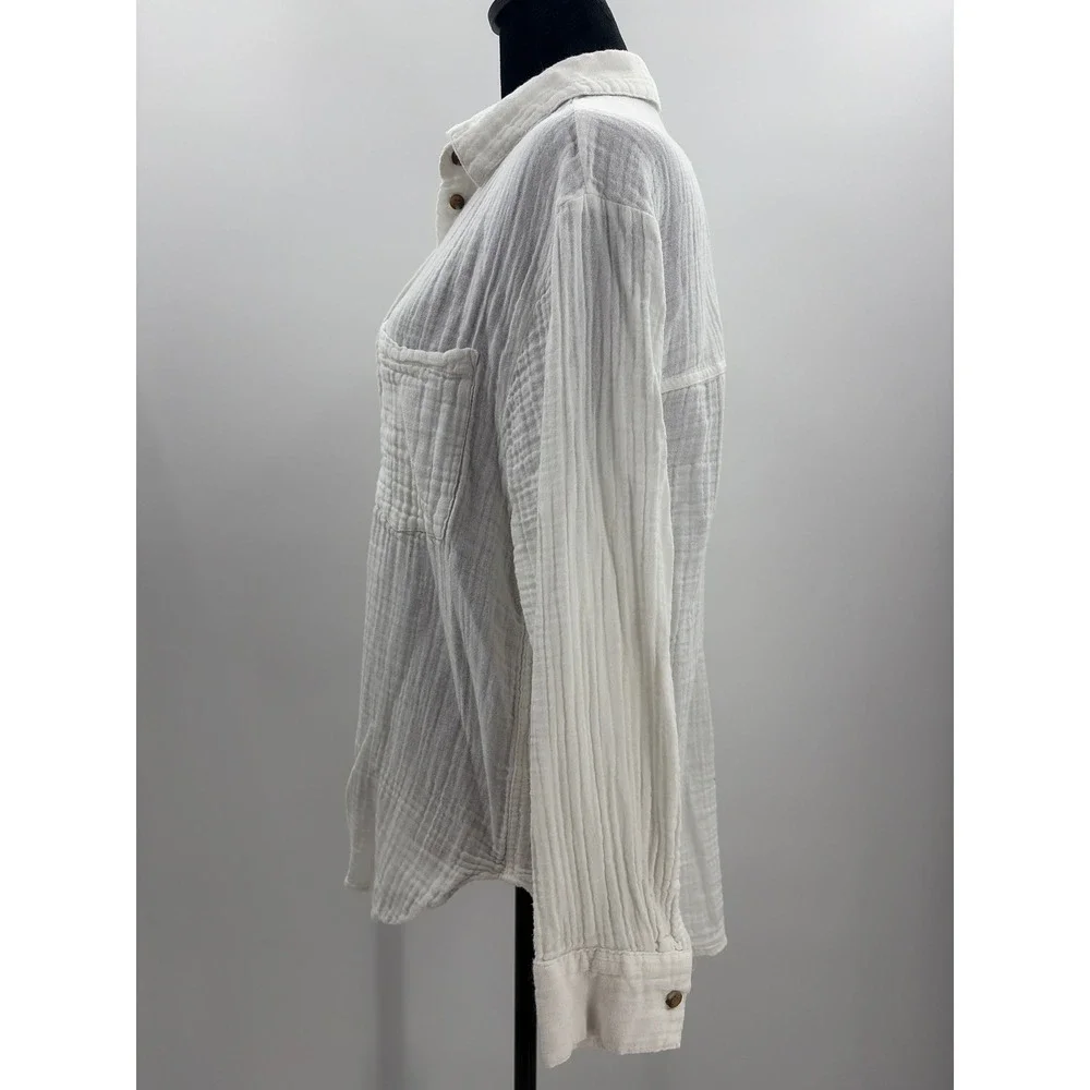 HM White Double Gauze Cotton Button Down Shirt Womens Medium Relaxed Fit Pockets
